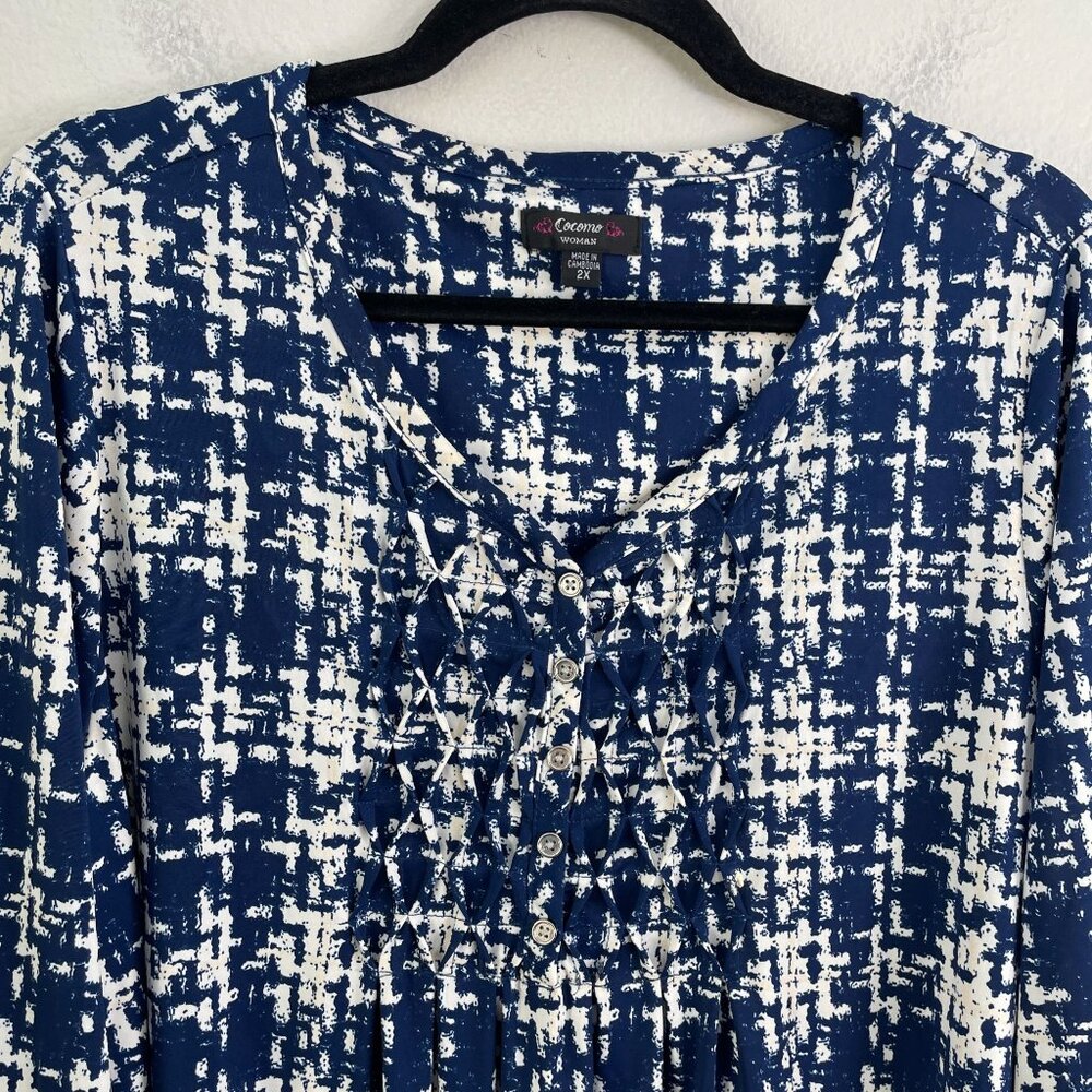 Cocomo Woman‎ Plus 2X Blue Abstract Button Front Tunic Top Blouse 3/4 Sleeve - Picture 7 of 11